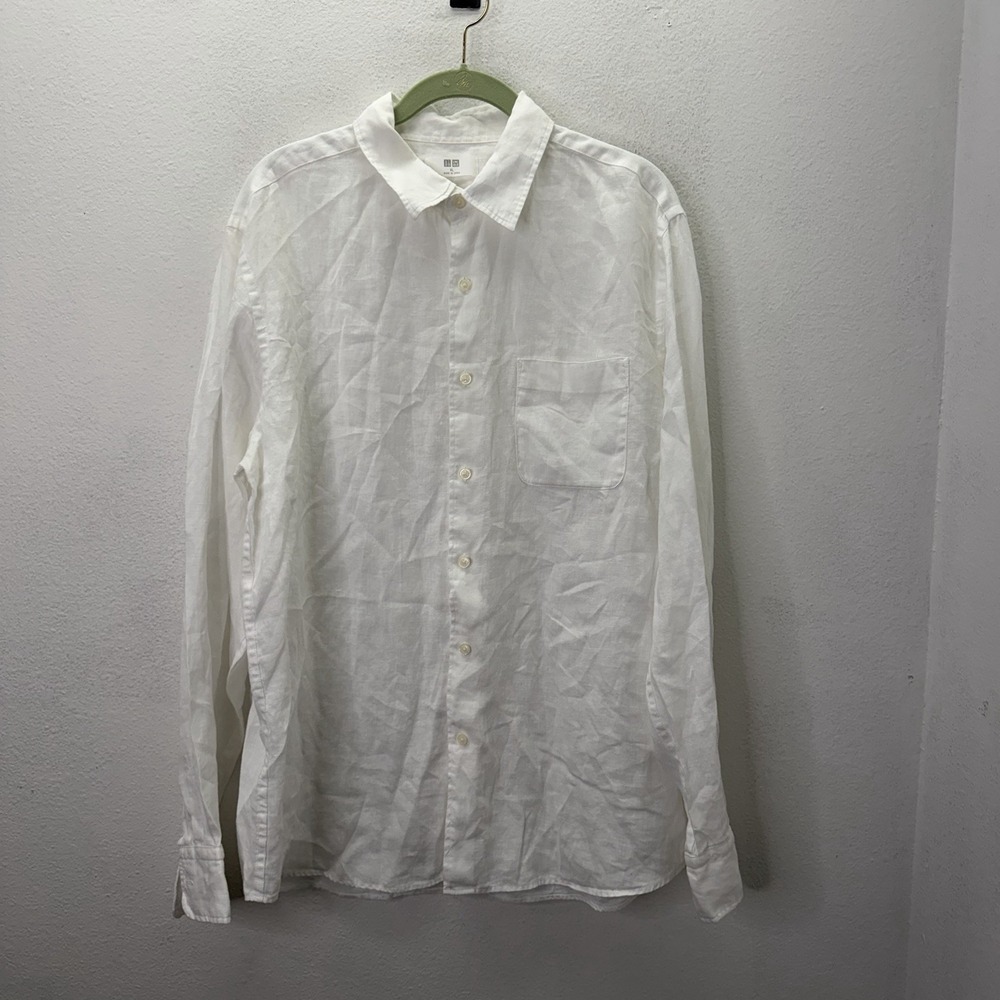 Uniqlo Shirt Mens XL White 100% Linen Button Down Long Sleeve Resort Wear